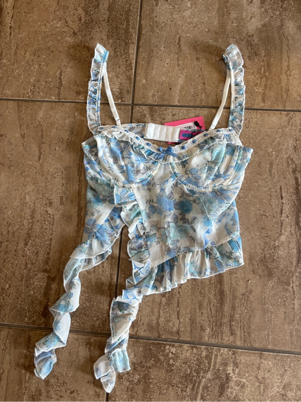 Edikted blue floral corset top with ruffles and lace details